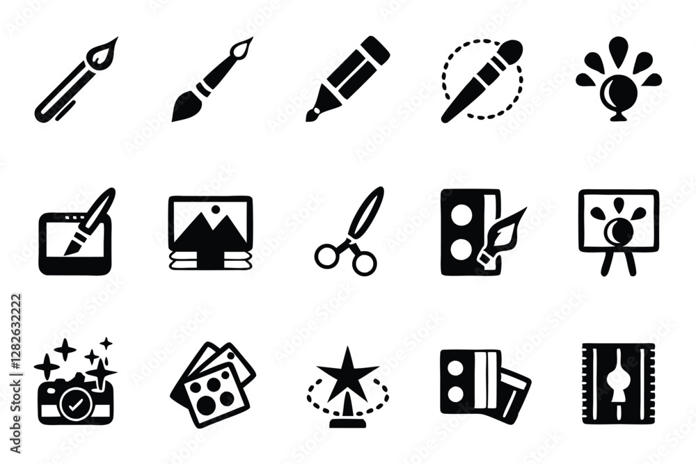 Design a vibrant icon pack showcasing essential graphic design tools; include icons for vector software, palettes, brushes, rulers, and typography. Design a vibrant icon pack showcasing essential graphic design tools; include icons for vector software, palettes, brushes, rulers, and typography.