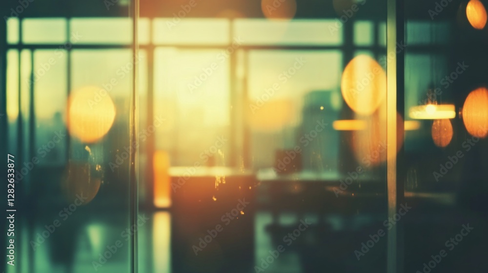 Fototapeta premium Blurred sunset view through office window, showing bokeh lights and cityscape.