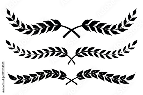 Set of circular laurel wreath. Emblem floral Greek branch of oak leaves, eucalyptus leaf, Wheat, winner award, champion medal, swirls, twigs and flower ornaments vector