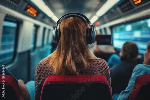 A backview of a Caucasian woman connecting to a video chat while traveling on a train.