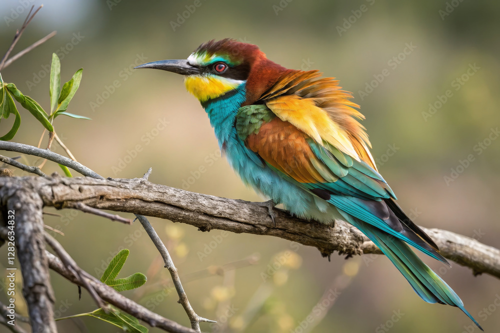 Colorful bird perched on branch with vibrant plumage and lush background Colorful bird perched on branch with vibrant plumage and lush background