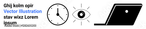 Clock representing time management, eye symbolizing vision and awareness, and laptop for technology and productivity. Ideal for work-life balance, focus, digital tools, planning, efficiency