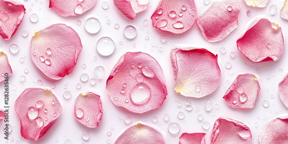Delicate pink rose petals scattered on a white surface, covered in fresh water droplets, symbolizing beauty, freshness, and natural skincare. Delicate pink rose petals scattered on a white surface, covered in fresh water droplets, symbolizing beauty, freshness, and natural skincare.