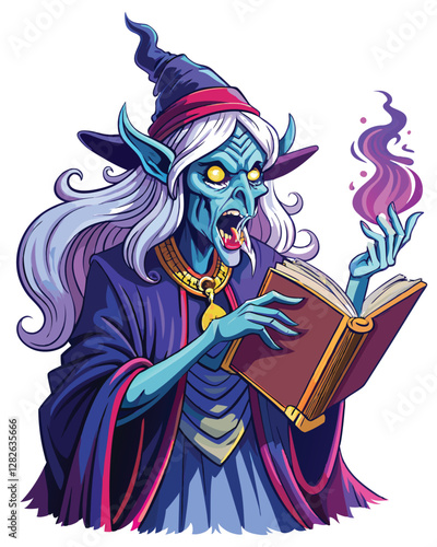 A terrifying illustration of a grotesque witch, featuring an abnormally long, gaping mouth, whispering a dark secret.  Her expression is malevolent.