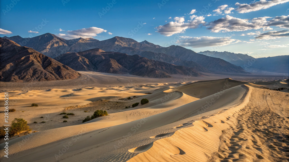 Stunning desert landscape with rolling sand dunes and mountains Stunning desert landscape with rolling sand dunes and mountains