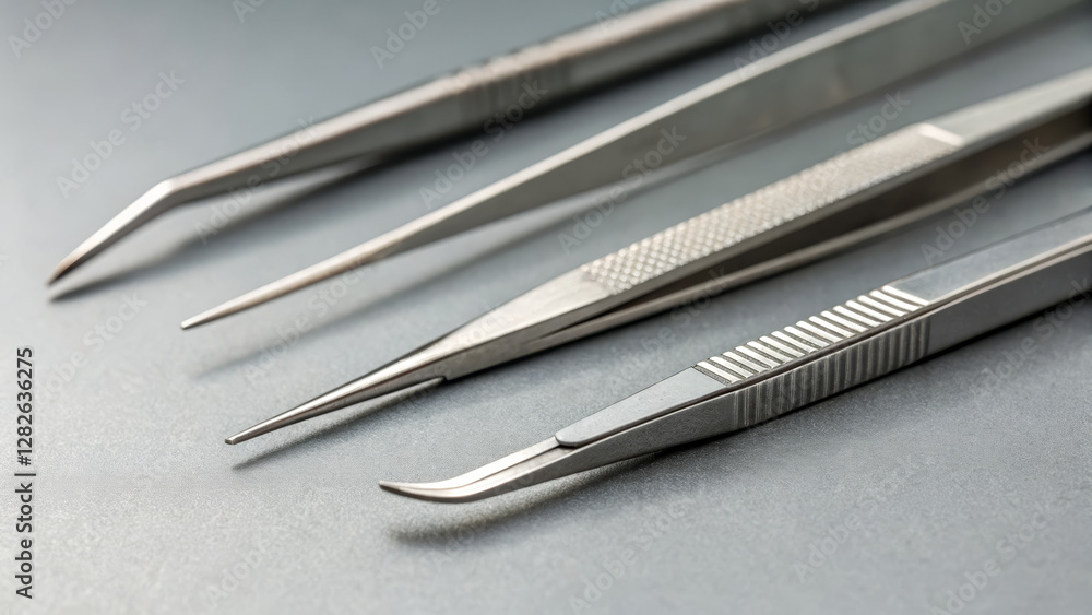 Surgical tools including tweezers on gray surface, showcasing precision Surgical tools including tweezers on gray surface, showcasing precision