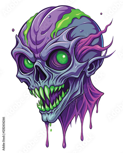 A close-up of a grotesquely mutilated alien head, revealing pulsating purple veins and exposed cranial structures.  High detail, dark, eerie lighting.
