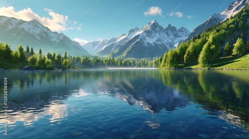 A breathtaking view of a mountain range with snow-capped peaks, surrounded by a lush green valley, mist rolling in from a serene lake at the foot of the mountains, with bright morning sunlight