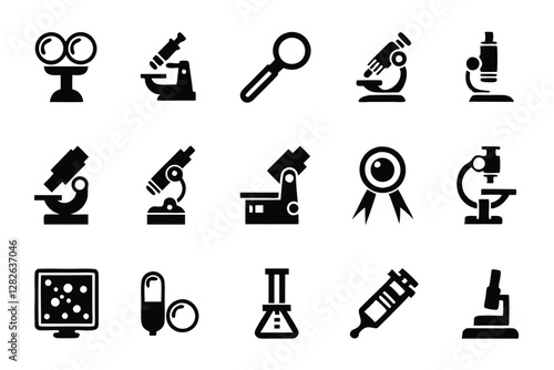 Design a vibrant icon pack depicting various microscopy imaging equipment. Include microscopes, slides, petri dishes, and other lab tools.