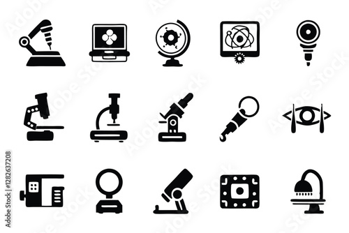 Create a clean, modern icon pack depicting various microscopy and imaging equipment.  Include icons for microscopes, slides, petri dishes, and other lab tools.