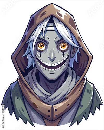 A mysterious wanderer, cloaked and weathered, with a disturbingly stitched smile, wanders a desolate landscape.  Their eyes hold a deep, unsettling sadness.