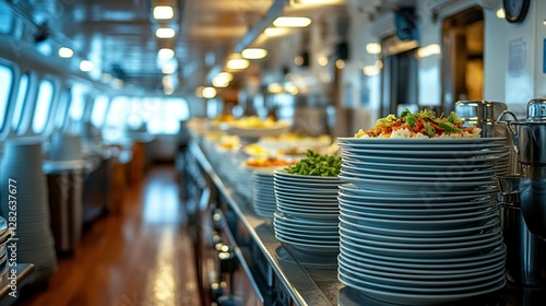 Cruise ship dining room, plates stacked on galley counter, buffet food in background photo