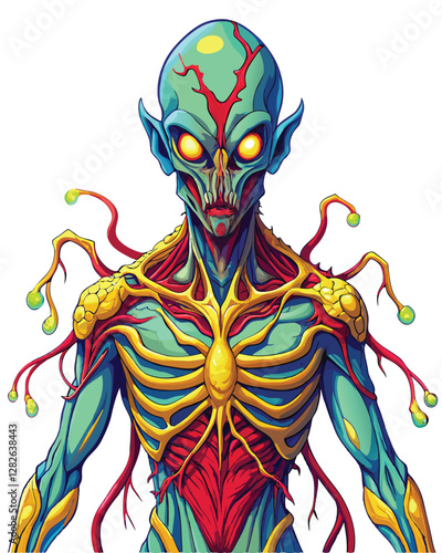 A detailed rendering of an alien with translucent, almost ethereal skin, revealing a complex internal network of glowing veins and organs.