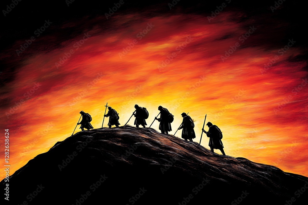 Silhouette Figures Ascending Mountain Sunset