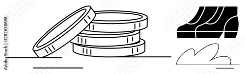 Coins stacked with one leaning, shoes, and abstract leaves. Ideal for financial growth, investment, wealth management, prosperity, economic stability budgeting personal finance. Minimalistic black
