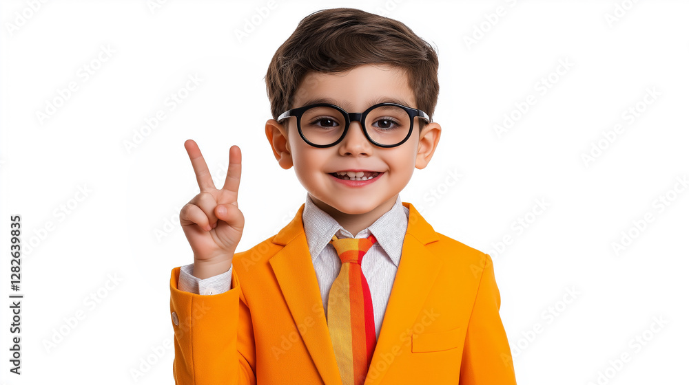 Happy Smart Boy in Orange Suit Showing Peace Sign Happy Smart Boy in Orange Suit Showing Peace Sign