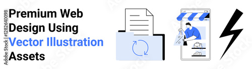 Digital document, refresh icon, website on mobile, online shopping, and lightning bolt. Ideal for web design, innovation, e-commerce, digital assets branding marketing and flat landing page banner