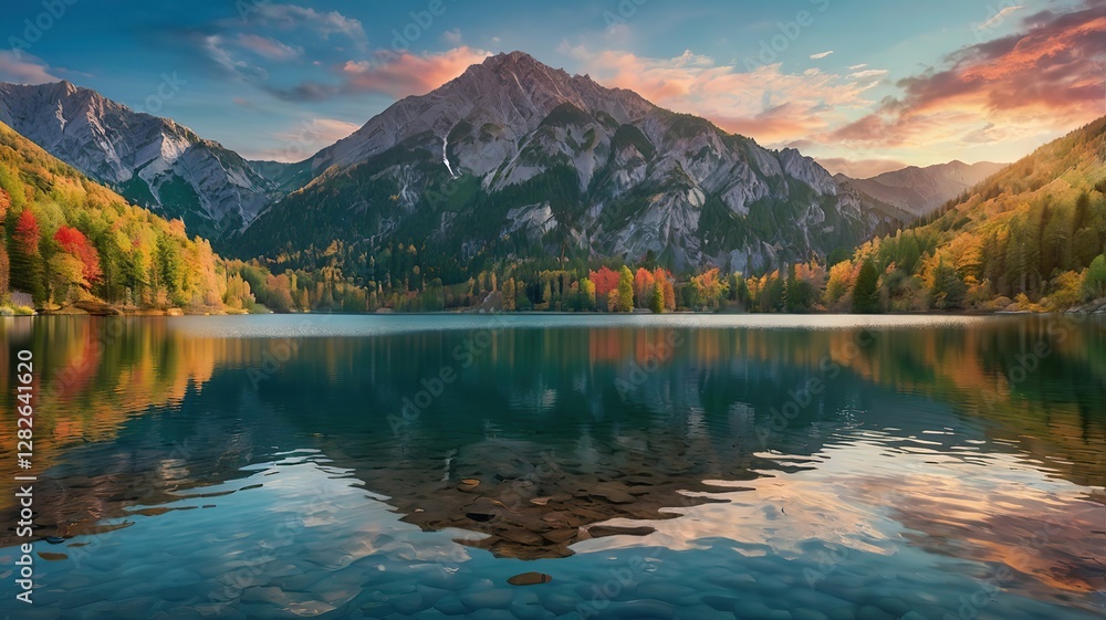 A serene lake nestled between two towering mountain peaks, the water perfectly still, reflecting the mountains and the colorful sky above, surrounded by lush greenery and autumn foliage A serene lake nestled between two towering mountain peaks, the water perfectly still, reflecting the mountains and the colorful sky above, surrounded by lush greenery and autumn foliage