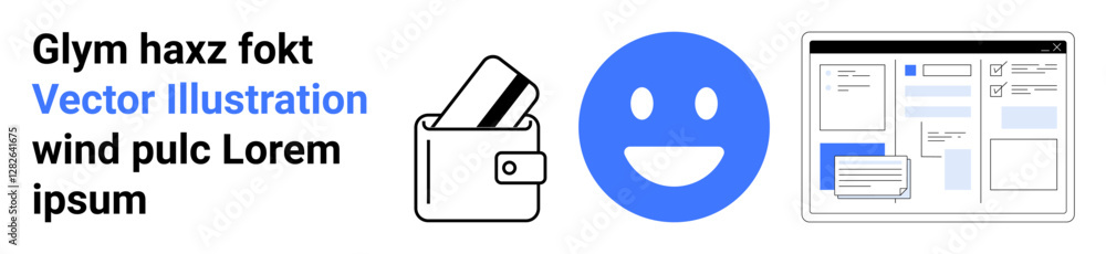 Fototapeta premium Wallet with cards, blue happy face, and digital interface elements next to text block. Ideal for finance, online transaction, user interface, web design, emotions, digital communication e-commerce