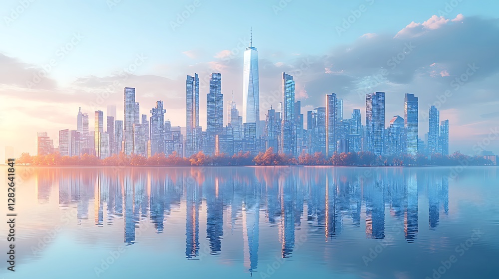 Obraz premium Futuristic city skyline reflecting on water high resolution hd image