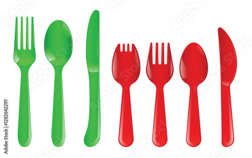Set Illustration of Realistic Colorful Plastic Cutlery for Kids isolated on white