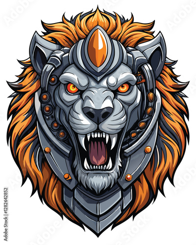 A majestic lion's head roars, its mane interwoven with gleaming cybernetic components; intricate metallic details and glowing circuits.