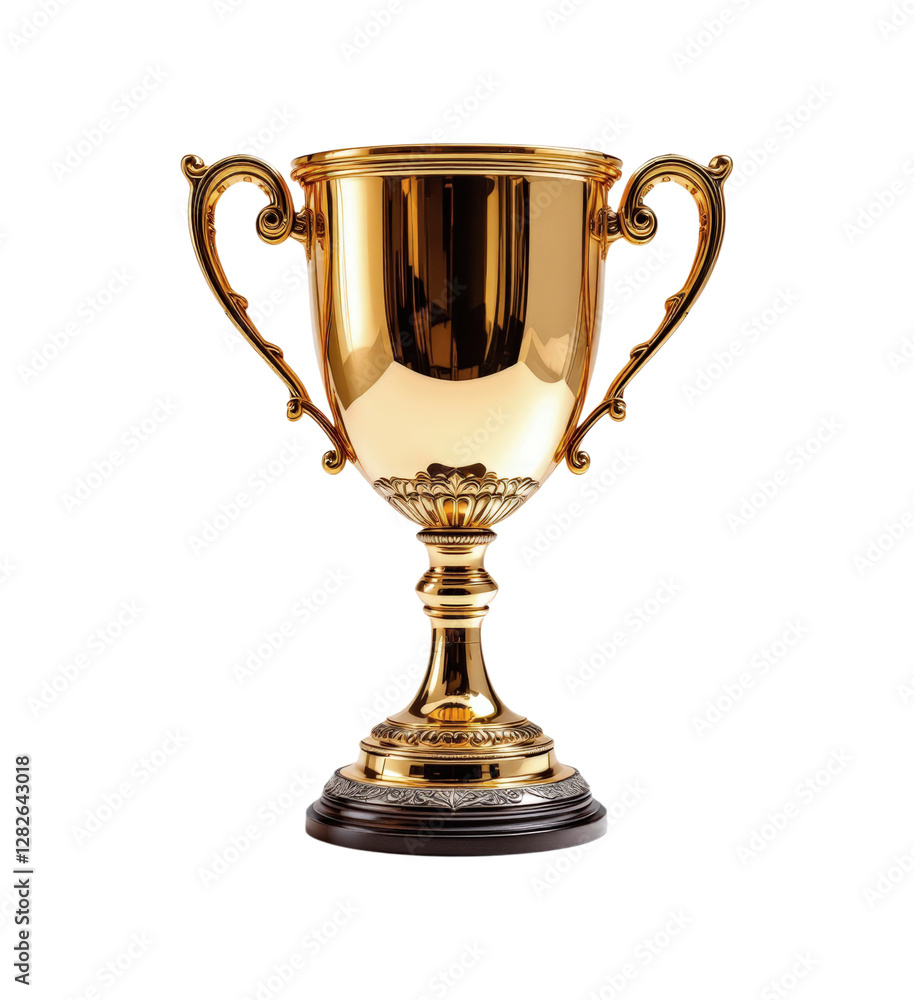 Shiny Gold Trophy Cup with Elegant Curved Handles Symbolizing Achievement and Victory, Isolated on Transparent and White Background Shiny Gold Trophy Cup with Elegant Curved Handles Symbolizing Achievement and Victory, Isolated on Transparent and White Background