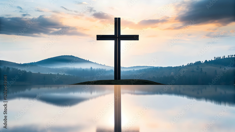 Cross silhouette on the mountain at sunset symbolizing faith spirituality and natural beauty in a serene landscape. concept as Cross silhouette on mountain at sunset symbolizing faith spirituality nat Cross silhouette on the mountain at sunset symbolizing faith spirituality and natural beauty in a serene landscape. concept as Cross silhouette on mountain at sunset symbolizing faith spirituality nat