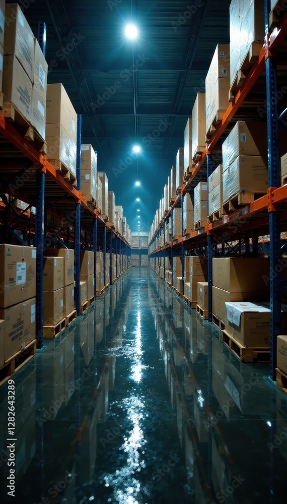 Fototapeta premium Boxes gleam under warehouse lights, rain-slicked floor, view, twilight, gleam