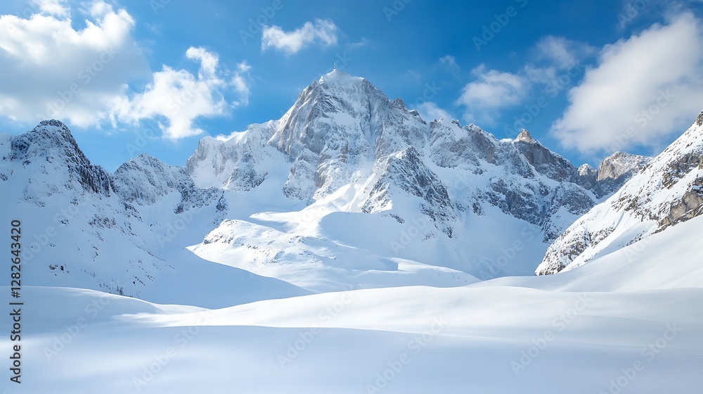 Obraz premium Majestic Winter Wonderland: Snow-Capped Peaks and Serene Valley