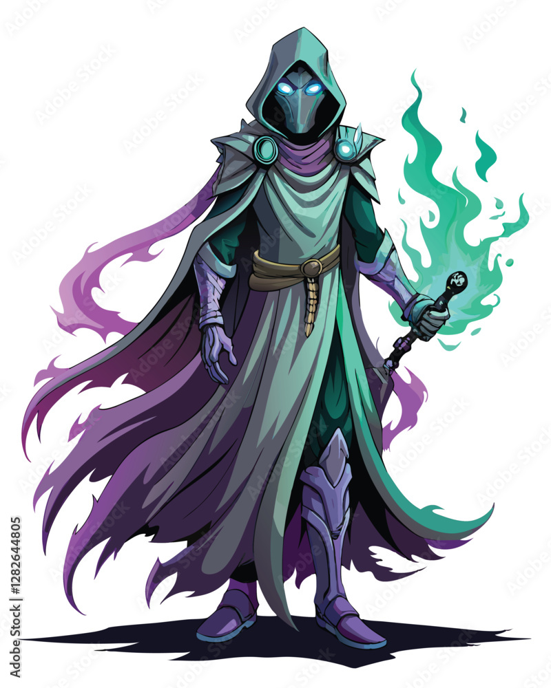 Fototapeta premium A shadowy, cloaked alien assassin, wielding a futuristic weapon, emerges from darkness. The cloak's fabric ripples subtly.