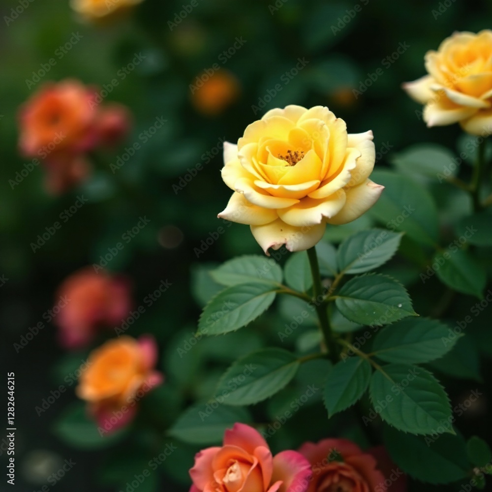 Yellow rose in a small, secluded corner of the garden, flowers, foliage, roses Yellow rose in a small, secluded corner of the garden, flowers, foliage, roses