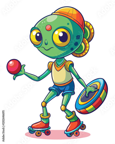 Create a whimsical illustration of a single-eyed, large-headed alien with a goofy expression.  The alien should appear friendly and cartoonish.