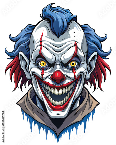A terrifying porcelain clown, skin cracked and revealing a sinister grin, unsettling eyes, dark attire.  Detailed texture, dramatic lighting.