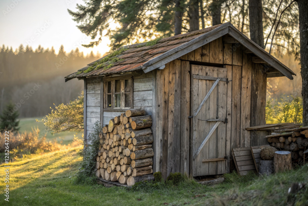 Rustic wooden shed with stacked logs in serene forest setting Rustic wooden shed with stacked logs in serene forest setting