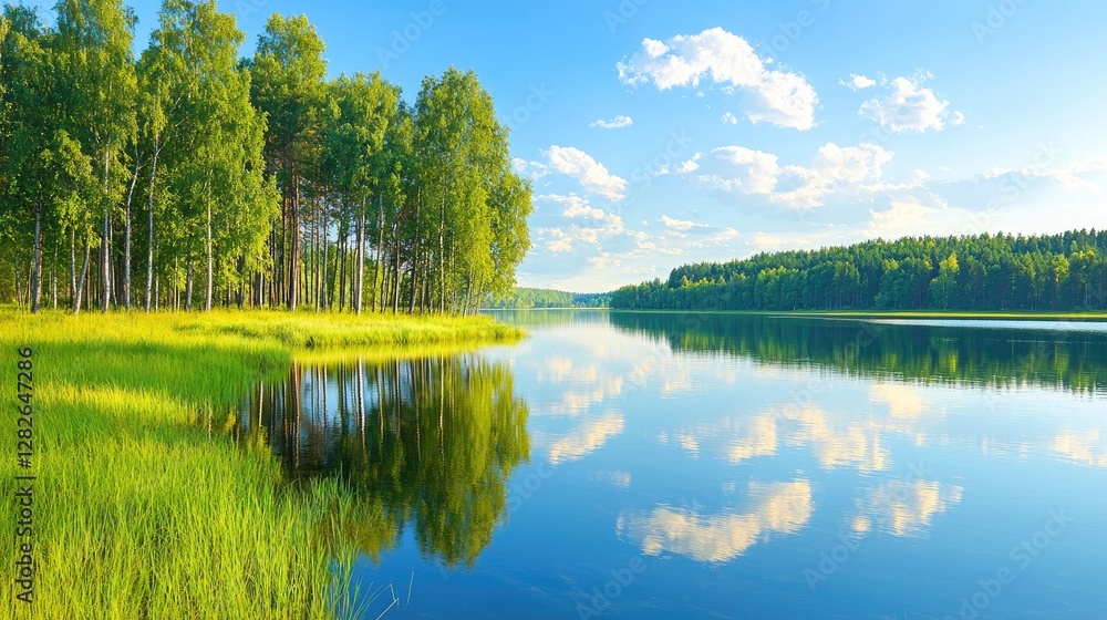 Fototapeta premium Calm lake reflecting trees and sky; summer landscape