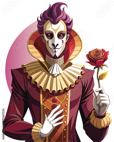 A sinister opera singer, pale and gaunt, with a cracked porcelain mask obscuring their face, dramatic lighting, eerie atmosphere.