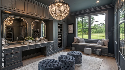 Luxurious Dark Grey Dressing Room with Crystal Chandelier