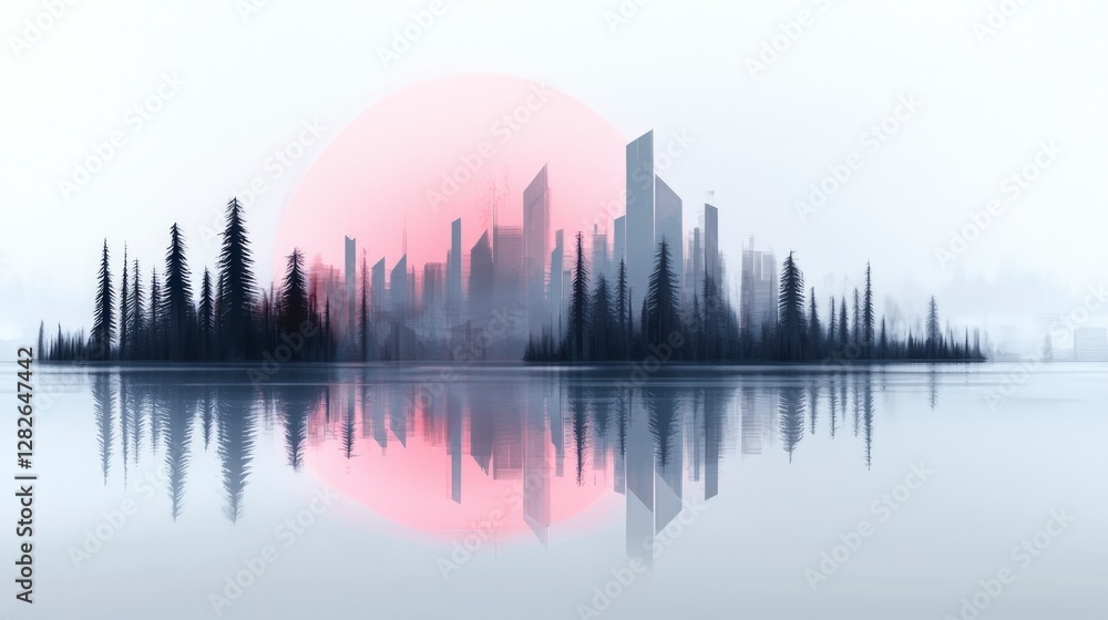 Fototapeta premium Serene Cityscape Modern City Skyline Reflected in Calm Lake at Sunset