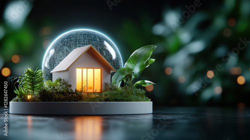 tiny holographic cottage floats inside digital energy sphere, surrounded by lush greenery and glowing lights, creating futuristic and serene atmosphere photo