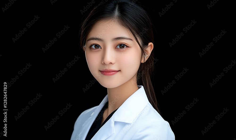 Portrait of a Young Asian Woman Doctor in a White Coat Against a Black Background Portrait of a Young Asian Woman Doctor in a White Coat Against a Black Background