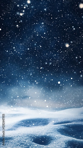 Snowy night landscape, falling snow, frosted ground, starry sky. Use holiday, winter background