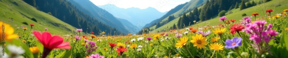 Obraz premium Vibrant wildflowers carpet alpine meadow sunlit slopes, beauty, flora, petals