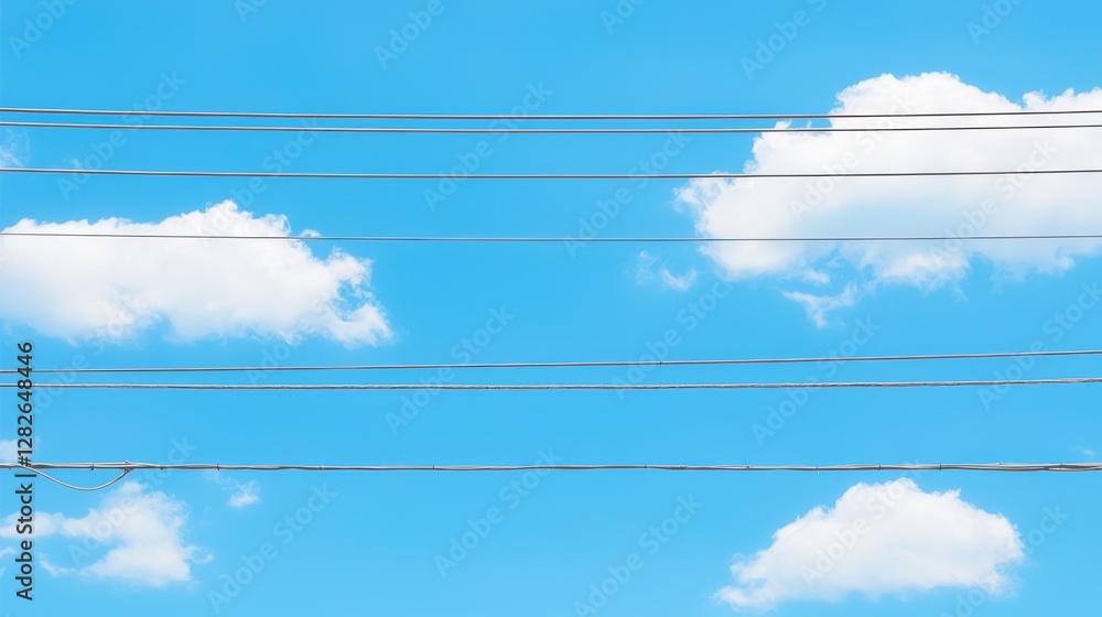 Fototapeta premium Clear blue sky with fluffy clouds and power lines creating a serene atmosphere.