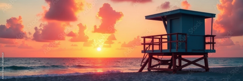 Art Deco lifeguard stand, sunrise over Miami Beach, blue, vacation, architecture Art Deco lifeguard stand, sunrise over Miami Beach, blue, vacation, architecture