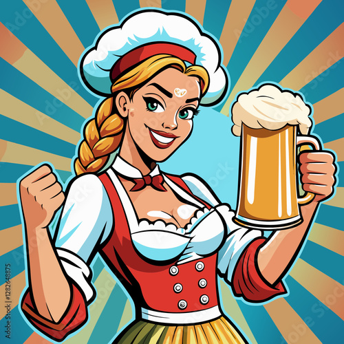 Oktoberfest Icon: A cheerful woman, dressed in traditional attire, beams with a large mug of frothy beer, embodying the spirit of the famous festival.
