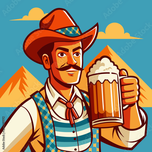 Cheers from the Wild West: A rugged cowboy, adorned in traditional attire, raises a frothy mug of beer against a backdrop of desert mountains.