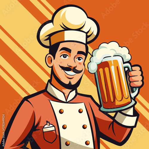 Chef's Toast: An illustration of a jovial chef, complete with a traditional toque and handlebar mustache, proudly holds up a frothy mug of beer in a toast, set against a stylized background.