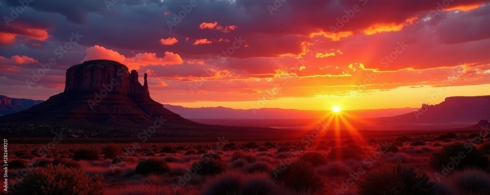 Fototapeta premium Dramatic sunset illuminates Sedona's airport mesa, shadows lengthen , sunset, mesa, picturesque