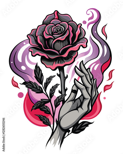 A detailed image of a skeletal hand, intricately rendered, fiercely gripping a velvety black rose with swirling, gothic-style details.  The background should be dark and moody.